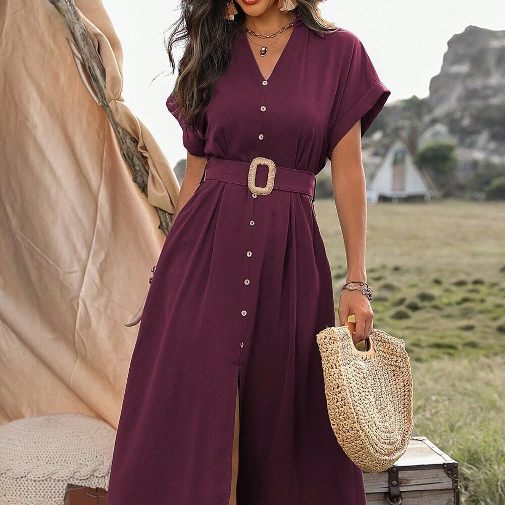 Red Violet Casual Women's Belted Short Sleeve Button Down Maxi Dress - Picture 3 of 7